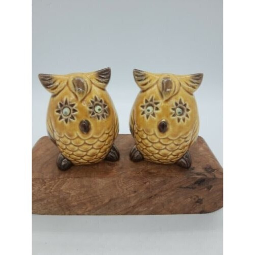 Vintage Japan Golden Brown Google-eye Owl Salt & Pepper Shakers